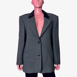 Vintage 80s L Gray Blue Wool Blazer Tweed Jacket Suede Collar Single Breasted